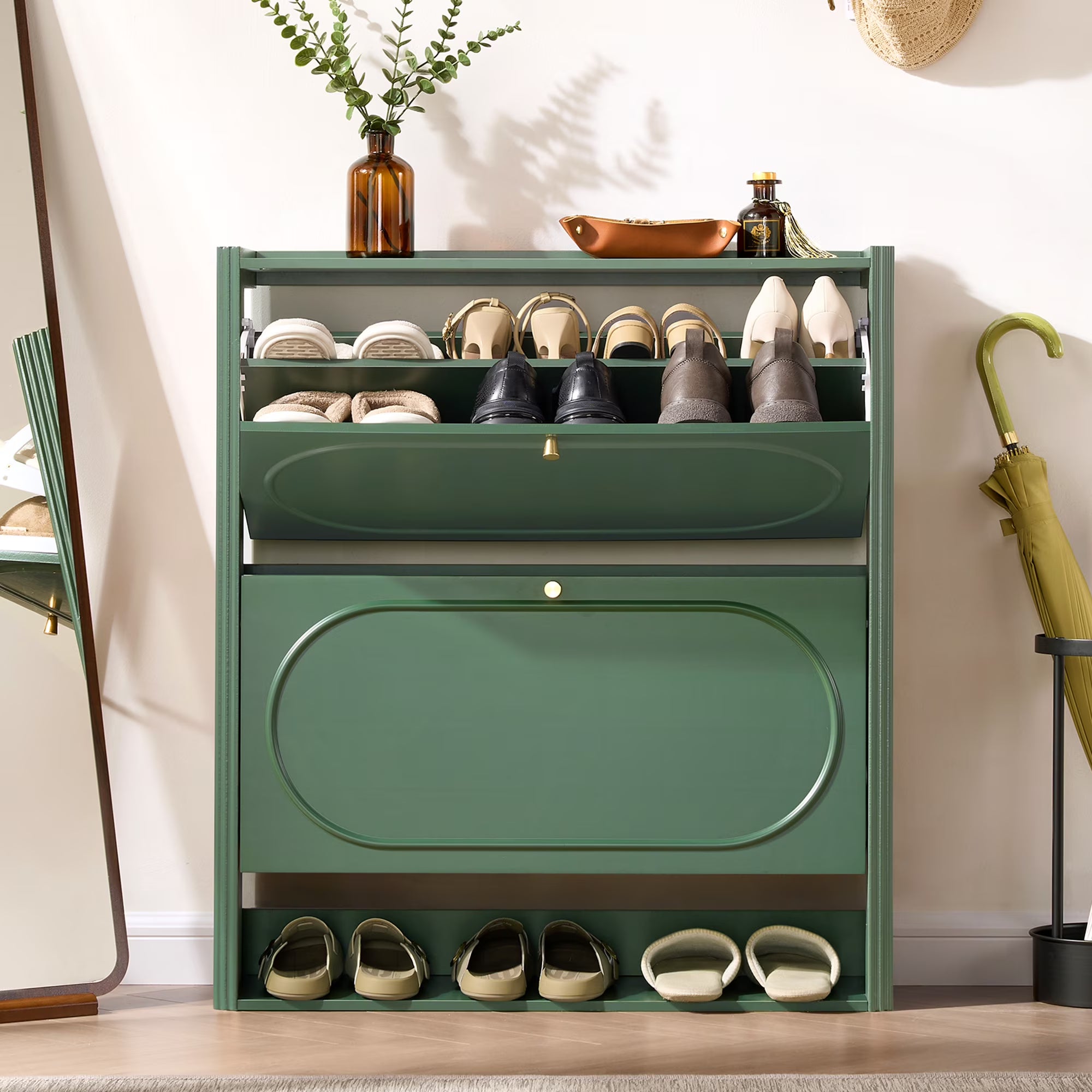 Wirrytor Green Curved Edge 2 Flip Drawer Shoe Cabinet, Modern Fluted Panel Shoe Storage Organizer, Adjustable Shelves Narrow Entryway Shoe Rack With Anti-Tipping Device For Hallway