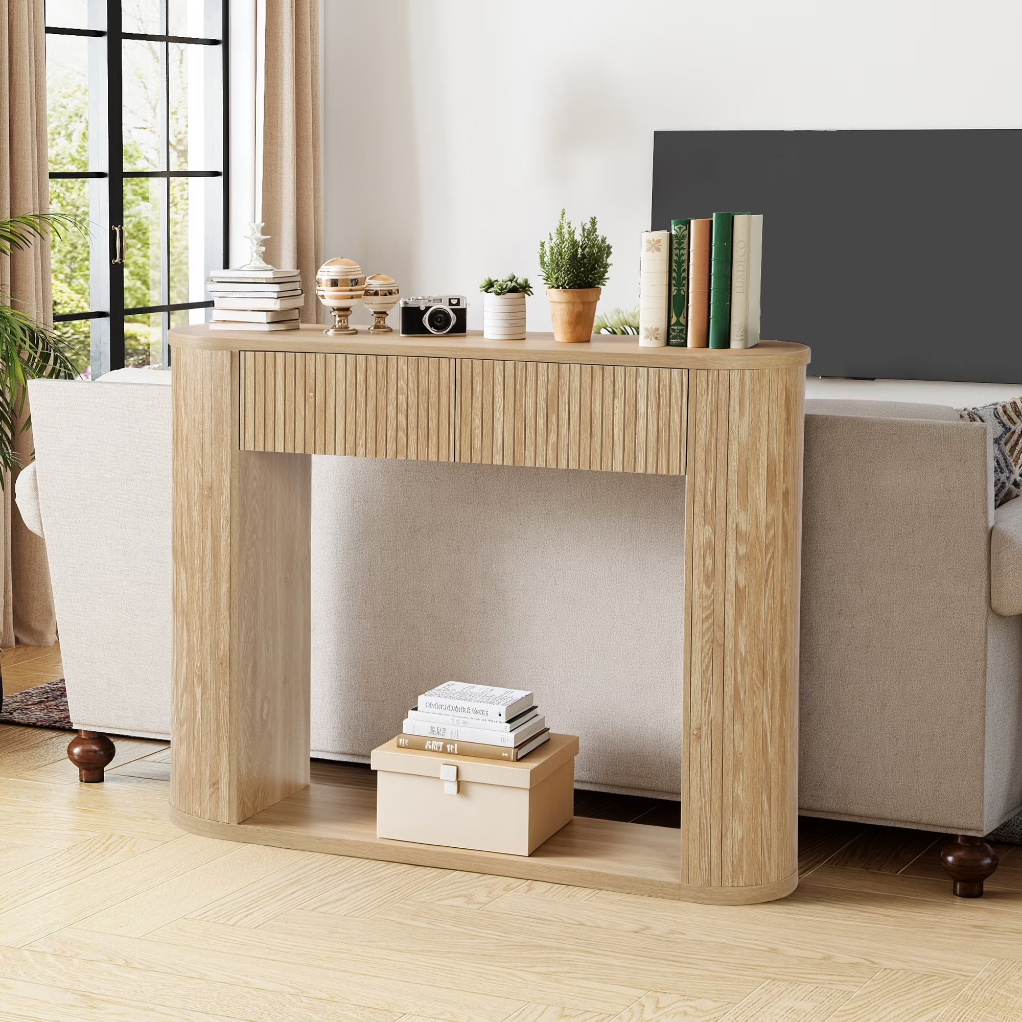 Wirrytor Console Table with Stroge, Narrow Entryway Table with Drawers for Living Room and Entryway, Sofa Table with and Open Storage Shelf, Couch Table Behind Sofa, Walnut