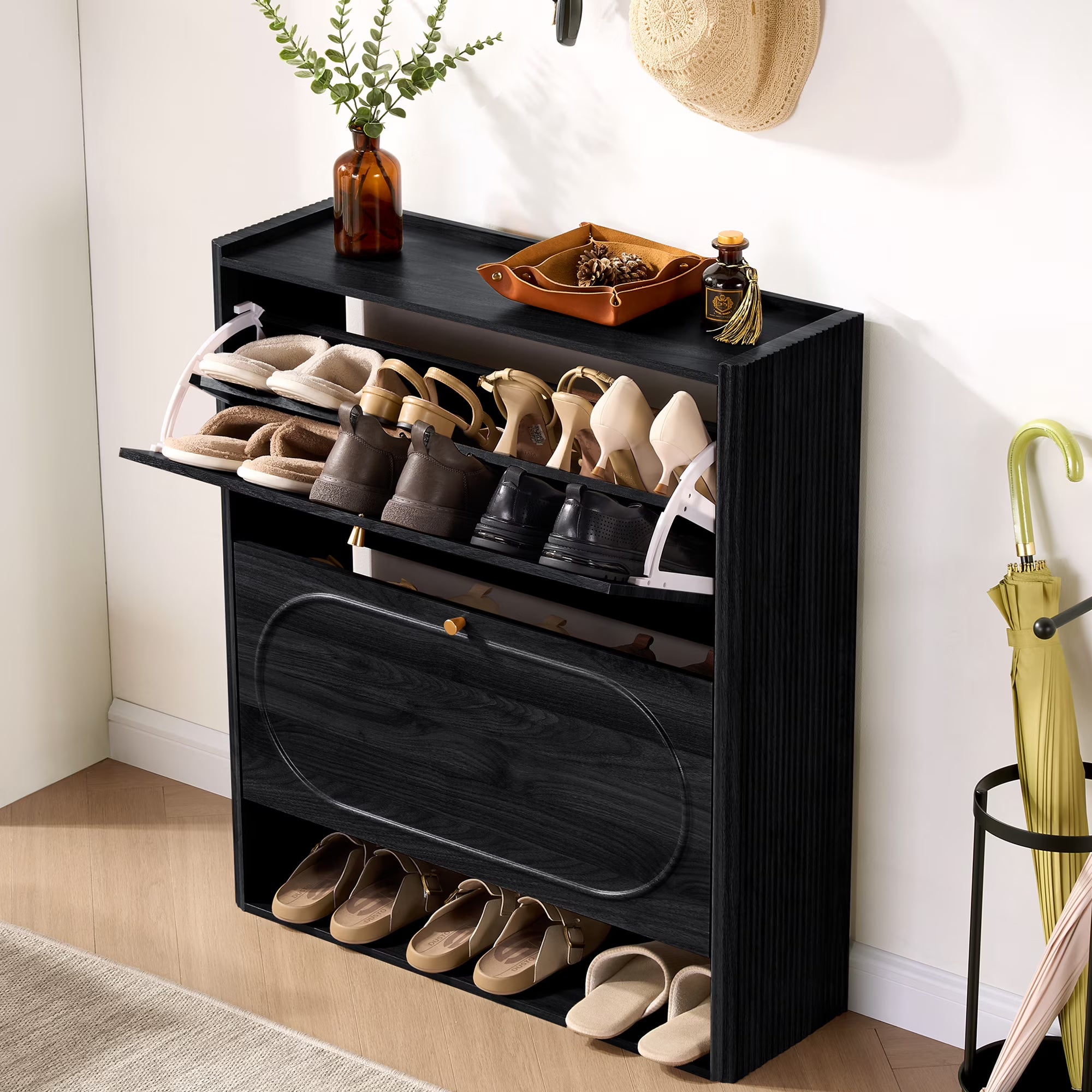 Wirrytor Black Curved Edge 2 Flip Drawer Shoe Cabinet, Modern Fluted Panel Shoe Storage Organizer, Adjustable Shelves Narrow Entryway Shoe Rack With Anti-Tipping Device For Hallway