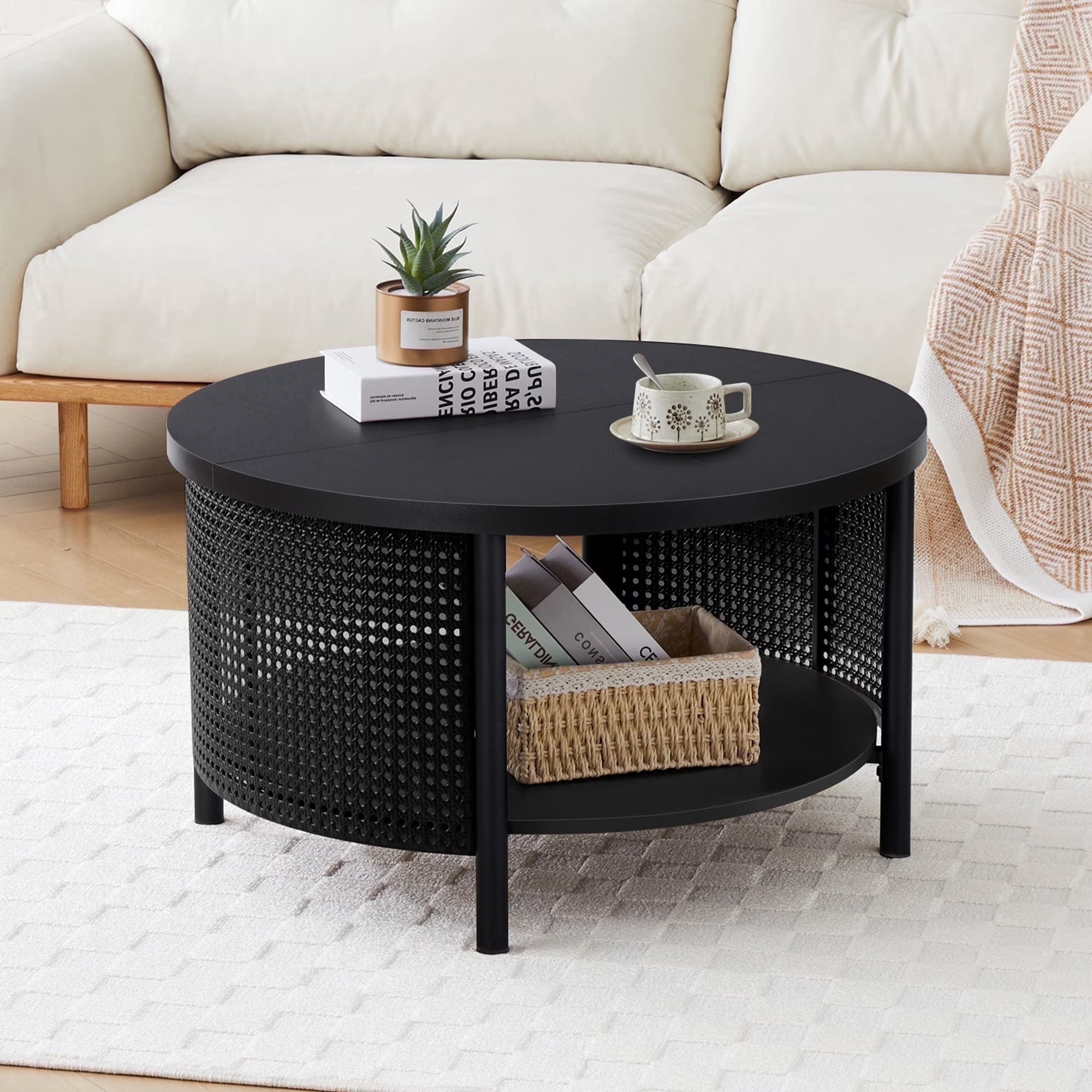 Wirrytor Rattan Round Coffee Table with 2-Tier Wood Storage, Circular Table, Round Storage Table,Black