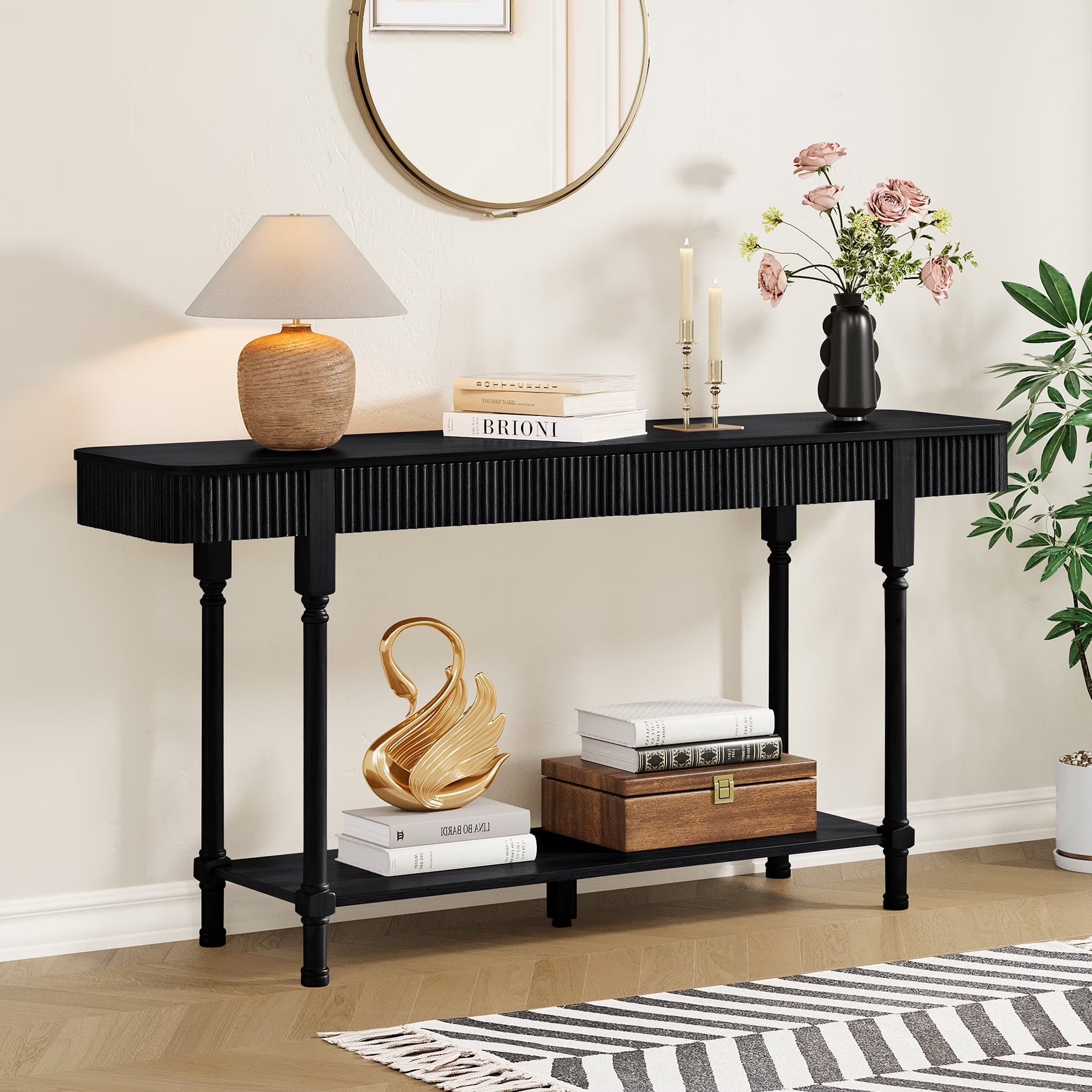Wirrytor Long Console Table with Drawers for Living Room, Narrow Fluted Sofa Table with Open Storage Shelf, Couch Table Behind Sofa, Entryway table, Hallway Table ,Black