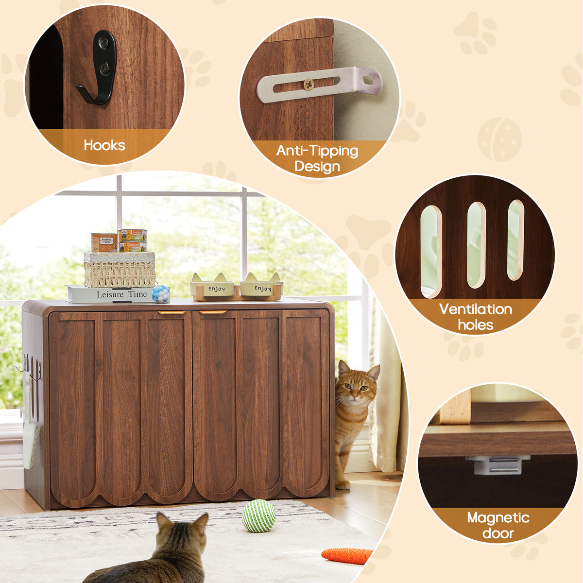 Wirrytor Wave Panel Cat Litter Box Enclosure, Modern Hidden Litter Box with Side Hooks, Multi-Use Cat Washroom Furniture for Living Room