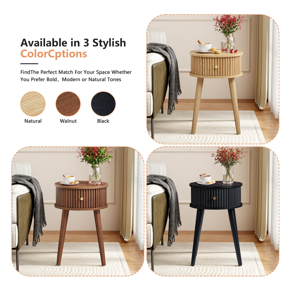 WIRRYTOR Set of 2 Modern Boho End Tables for Living Room, Round Fluted Side Tables with Drawer and Splayed Legs, Walnut Accent Tables