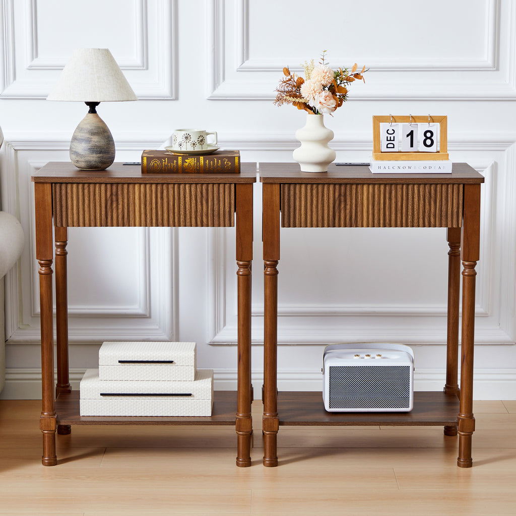 Wirrytor Side Tables for bedroom set of 2 with Charging Station, Wood Narrow Fluted Nightstand with Drawer and Open Storage Shelf ,End Table Solid Wood Legs for Living Room,Brown