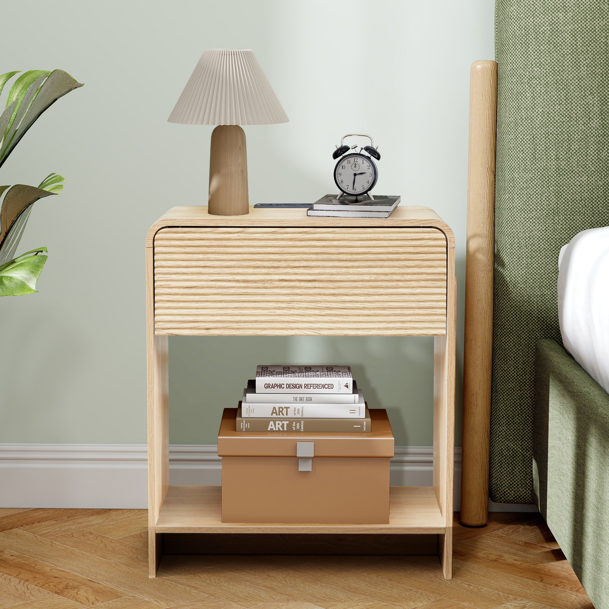Wirrytor Farmhouse Natural Oak Fluted Nightstands, Mid-Century Chic End Table with Drawer and Open Shelf Storage, Curved Edge Bedside Table for Bedroom Living Room