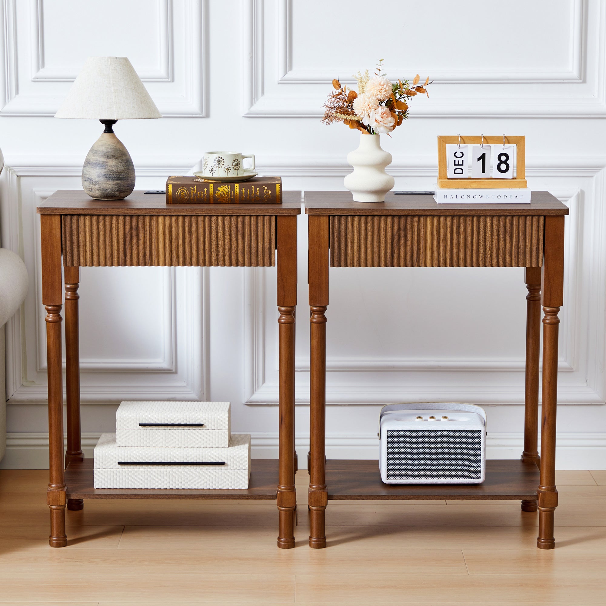 Wirrytor Narrow End Table with 2 Drawer & Open Storage Shelf, Modern Narrow Side Table for Small Spaces, Multifunctional Slim Nightstand for Bedroom, Living Room & Home Office,Oak