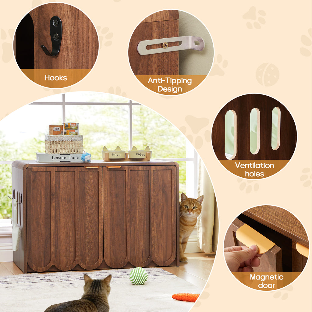 Wirrytor Wave Panel Cat Litter Box Enclosure, Modern Hidden Litter Box with Side Hooks, Multi-Use Cat Washroom Furniture for Living Room
