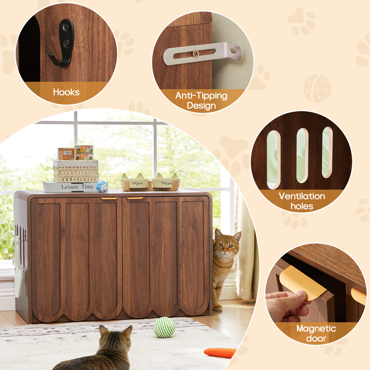 Wirrytor Wave Panel Cat Litter Box Enclosure, Modern Hidden Litter Box with Side Hooks, Multi-Use Cat Washroom Furniture for Living Room