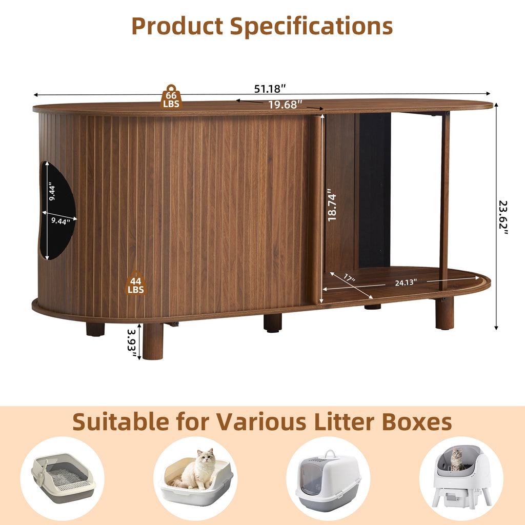 WIRRYTOR 51" Cat Litter Box Enclosure for 2 Cats, Mid-Century Hidden Litter Box TV Stand with Tambour Sliding Door and Curved Edges, Walnut