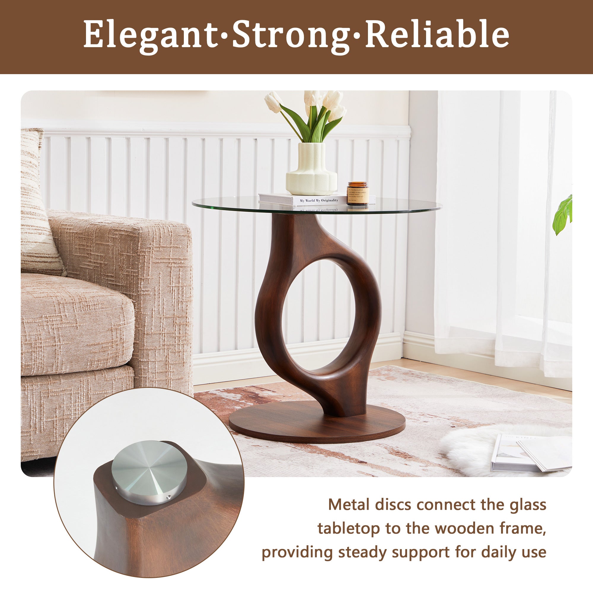 Wirrytor 27.55" Round Glass Coffee Table, Mid-Century Modern Side Table with Wood Base and Tempered Glass Top, Brown