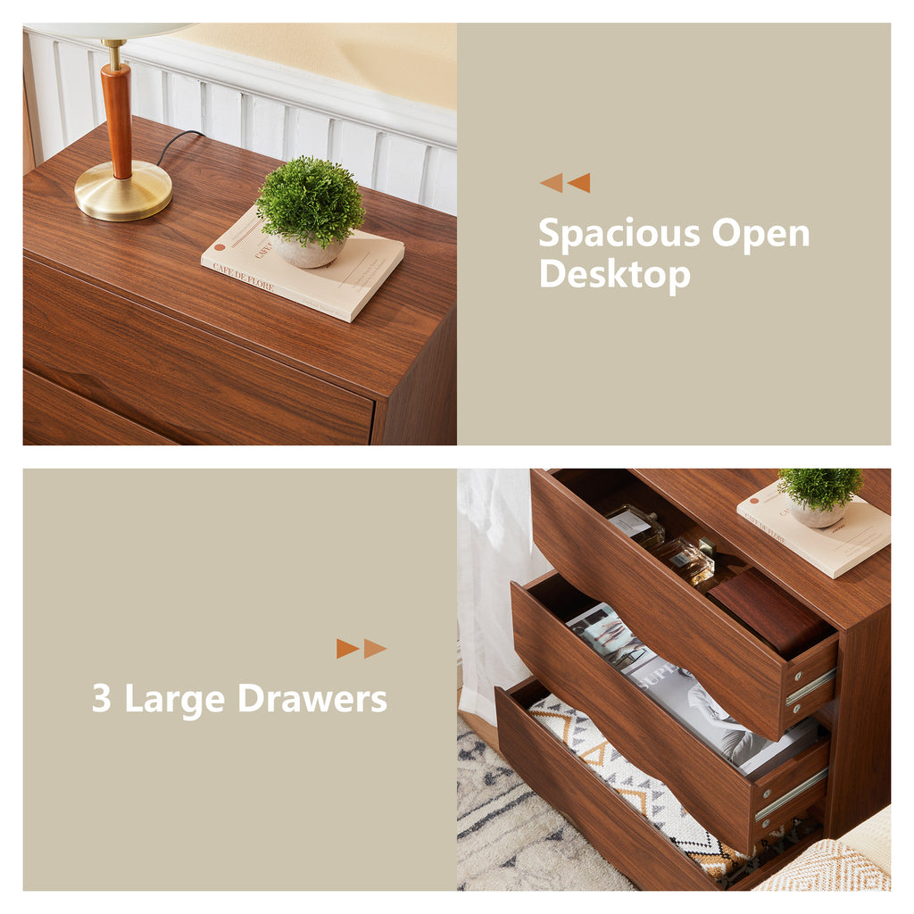 WIRRYTOR Modern Wave Front 3 Drawer Nightstand and Storage Dresser, Scalloped Bedside Table with Solid Wood Ball Leg for Bedroom Living Room