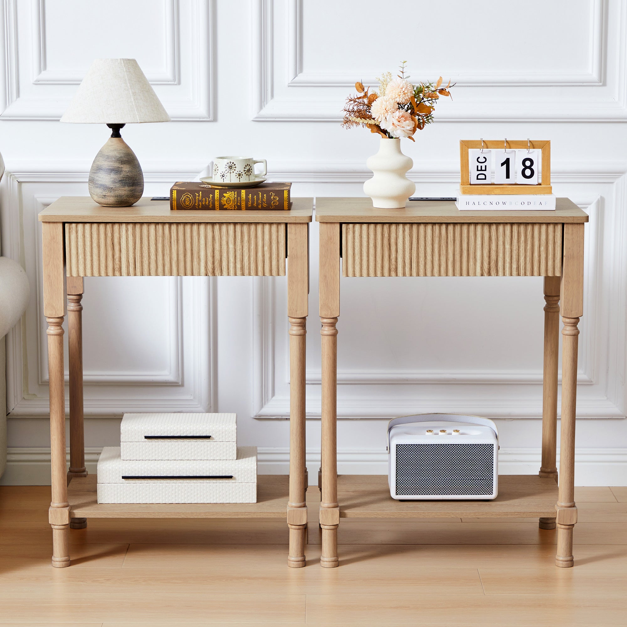 Wirrytor Narrow End Table with 2 Drawer & Open Storage Shelf, Modern Narrow Side Table for Small Spaces, Multifunctional Slim Nightstand for Bedroom, Living Room & Home Office,Oak