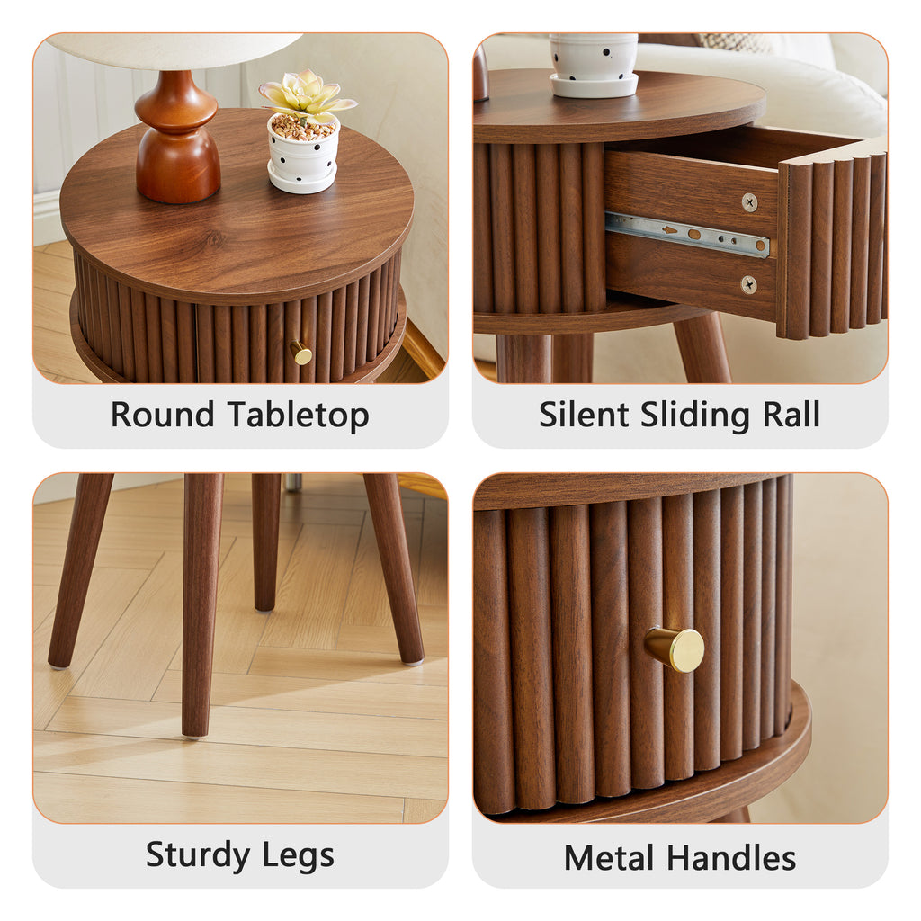 WIRRYTOR Set of 2 Modern Boho End Tables for Living Room, Round Fluted Side Tables with Drawer and Splayed Legs, Walnut Accent Tables