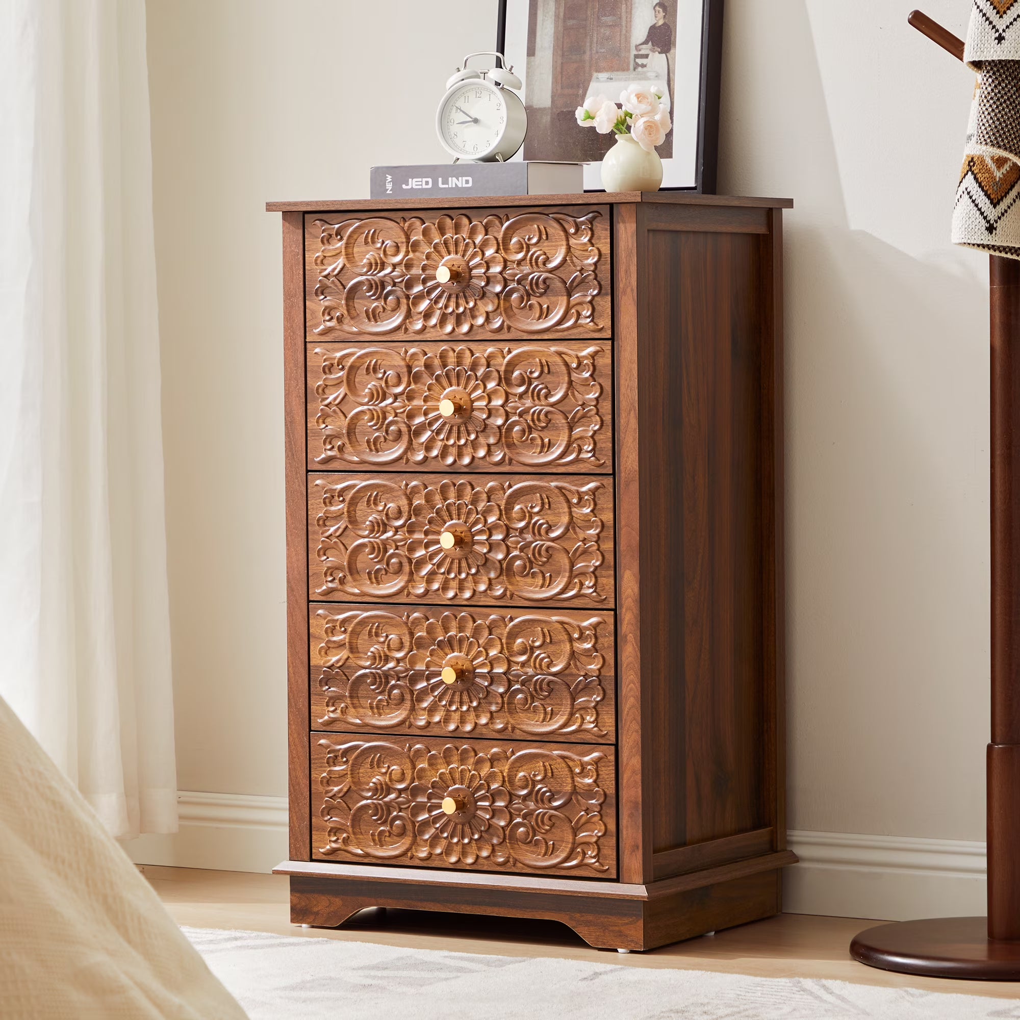Wirrytor 5-Drawer Walnut Farmhouse Dresser With Floral Embossing, Tall Chest Of Drawers, Anti-Tipping Design, Vintage Storage Organizer For Bedroom Hallway Closet Living Room