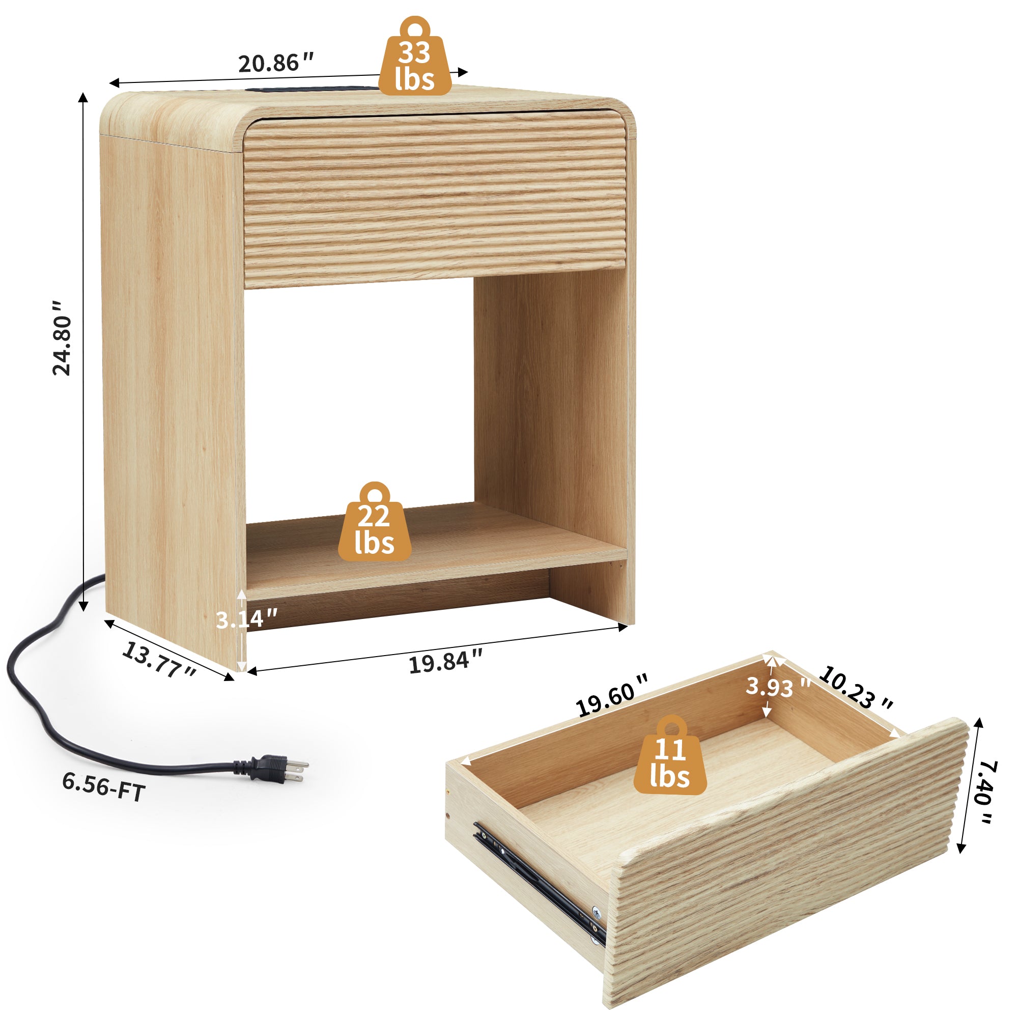 Wirrytor Farmhouse Natural Oak Fluted Nightstands, Mid-Century Chic End Table with Drawer and Open Shelf Storage, Curved Edge Bedside Table for Bedroom Living Room