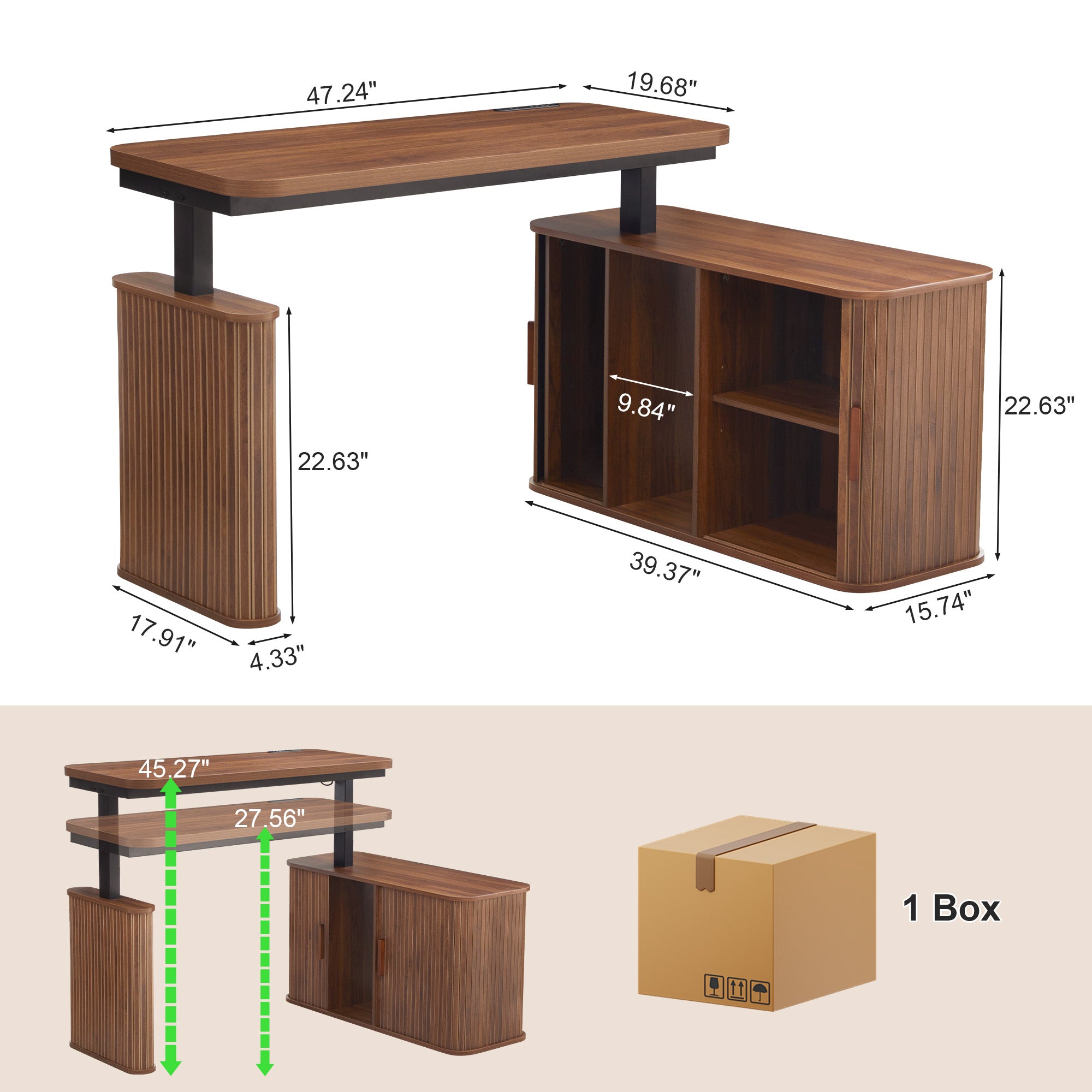 WIRRYTOR 47" Mid-Century Modern L-Shaped Electric Standing Desk with Storage, Home Office Adjustable Height Corner Desk with Sliding Door