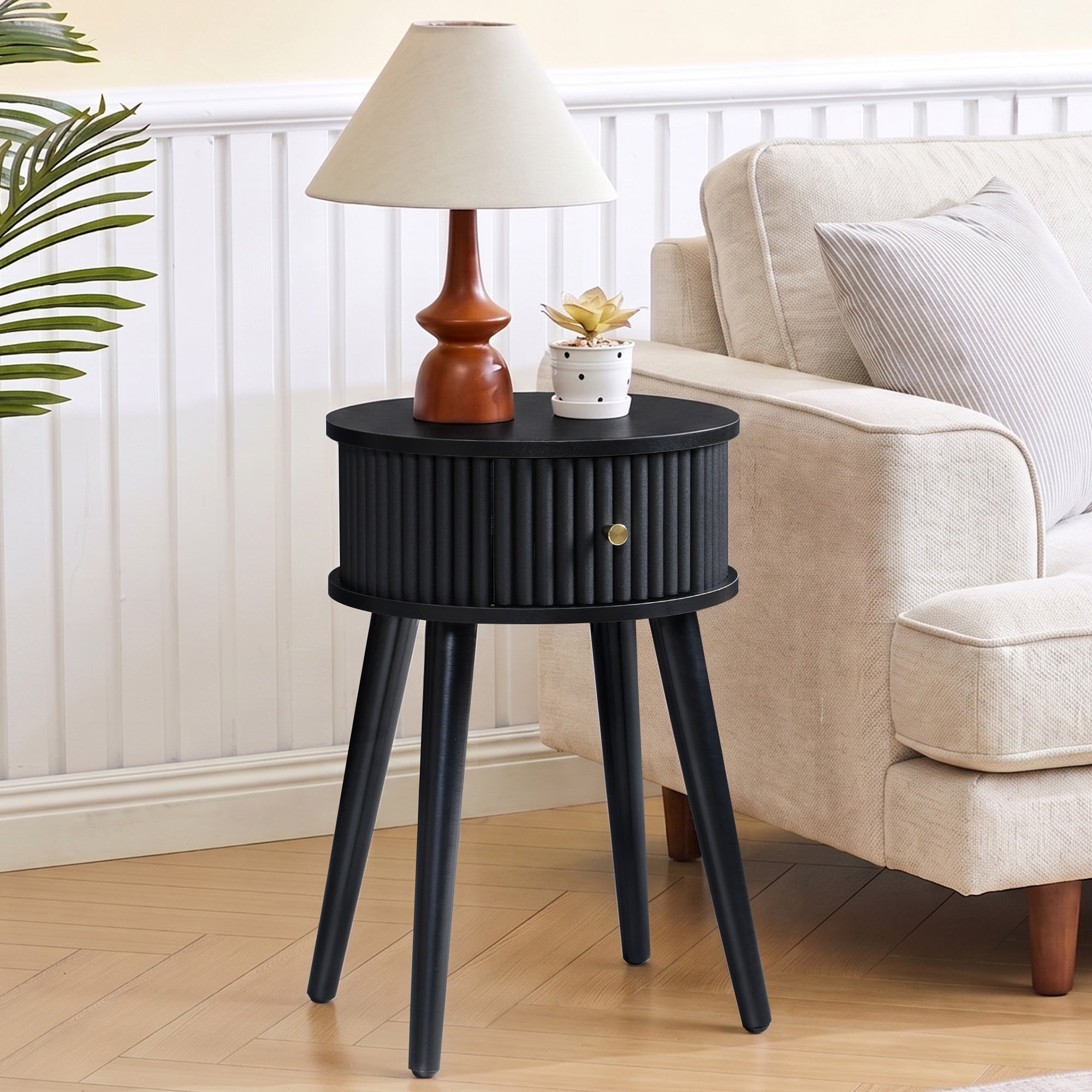 WIRRYTOR Set of 2 Modern Boho End Tables for Living Room, Round Fluted Side Tables with Drawer and Splayed Legs, Walnut Accent Tables