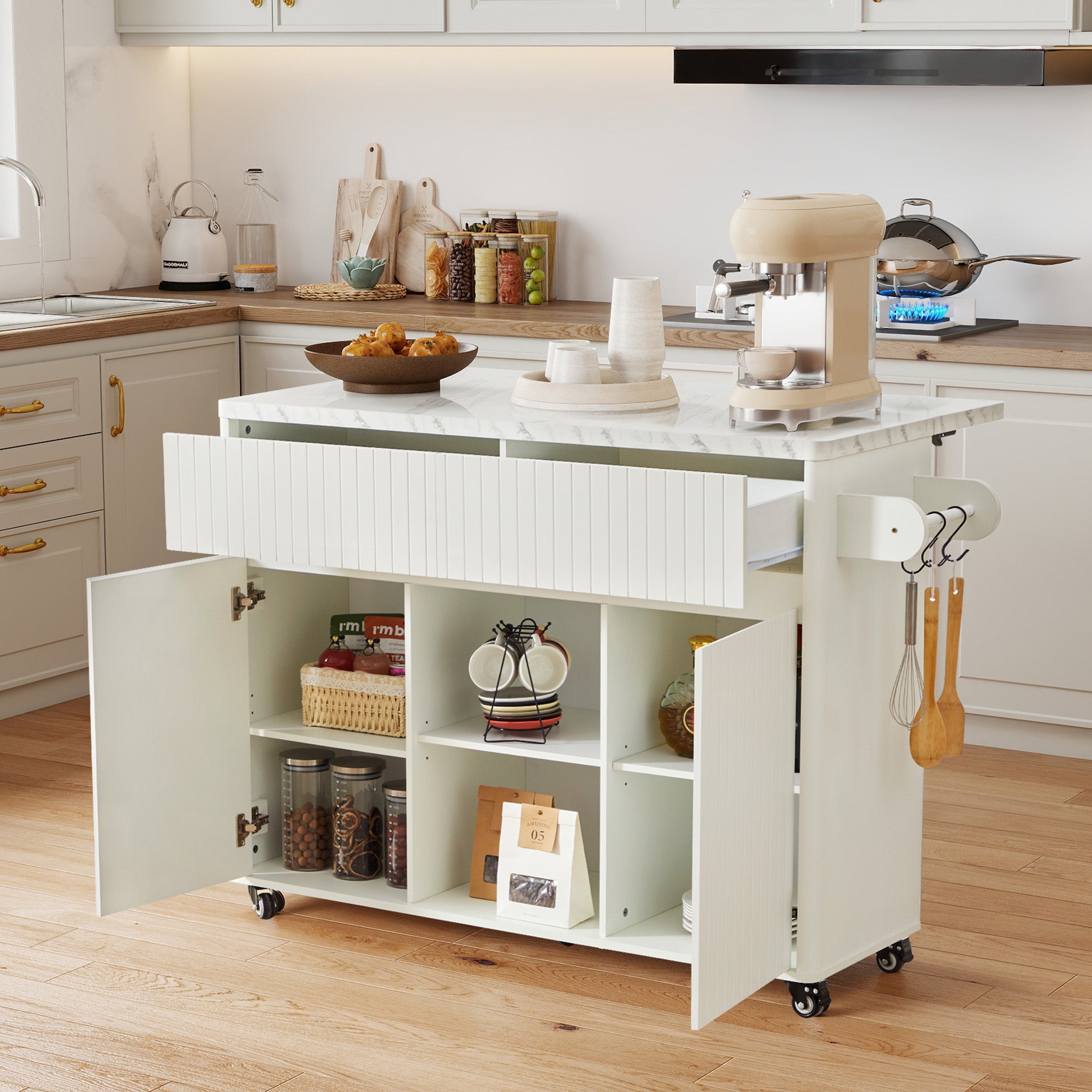 Wirrytor 47" Kitchen Island with Storage and Drop Leaf, Modern Rolling Kitchen Cart, Expandable Island Table with Marble Look Top and Hooks