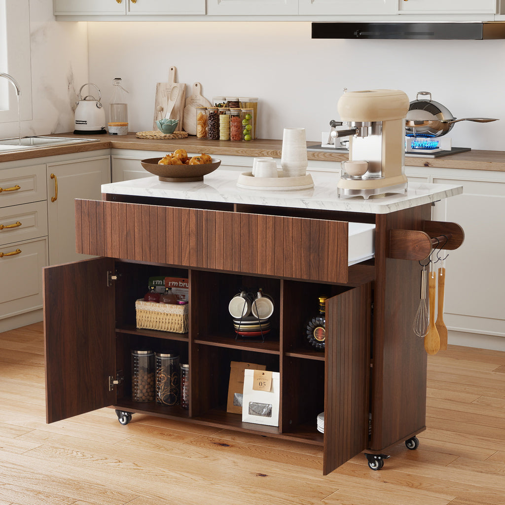 Wirrytor 47" Kitchen Island with Storage and Drop Leaf, Modern Rolling Kitchen Cart, Expandable Island Table with Marble Look Top and Hooks