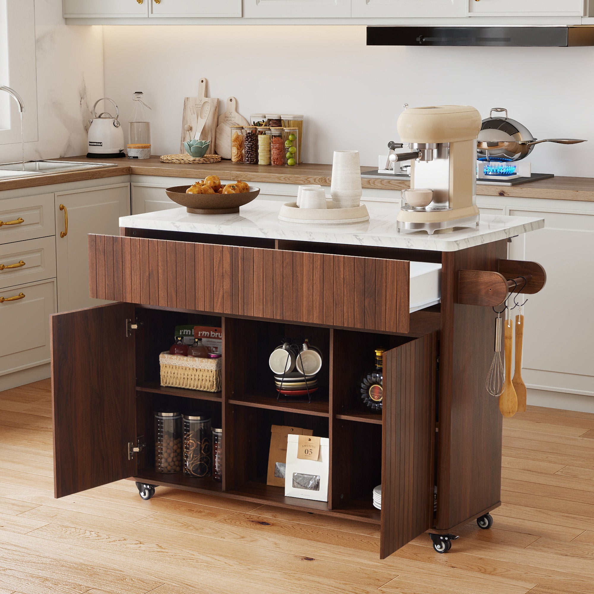 Wirrytor 47" Kitchen Island with Storage and Drop Leaf, Modern Rolling Kitchen Cart, Expandable Island Table with Marble Look Top and Hooks