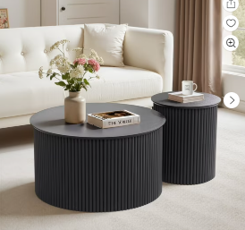 Wirrytor Round Coffee Table Sets 2 Pieces, Wood Fluted Coffee Table with Storage, for Living Room Bedroom, Apartmen