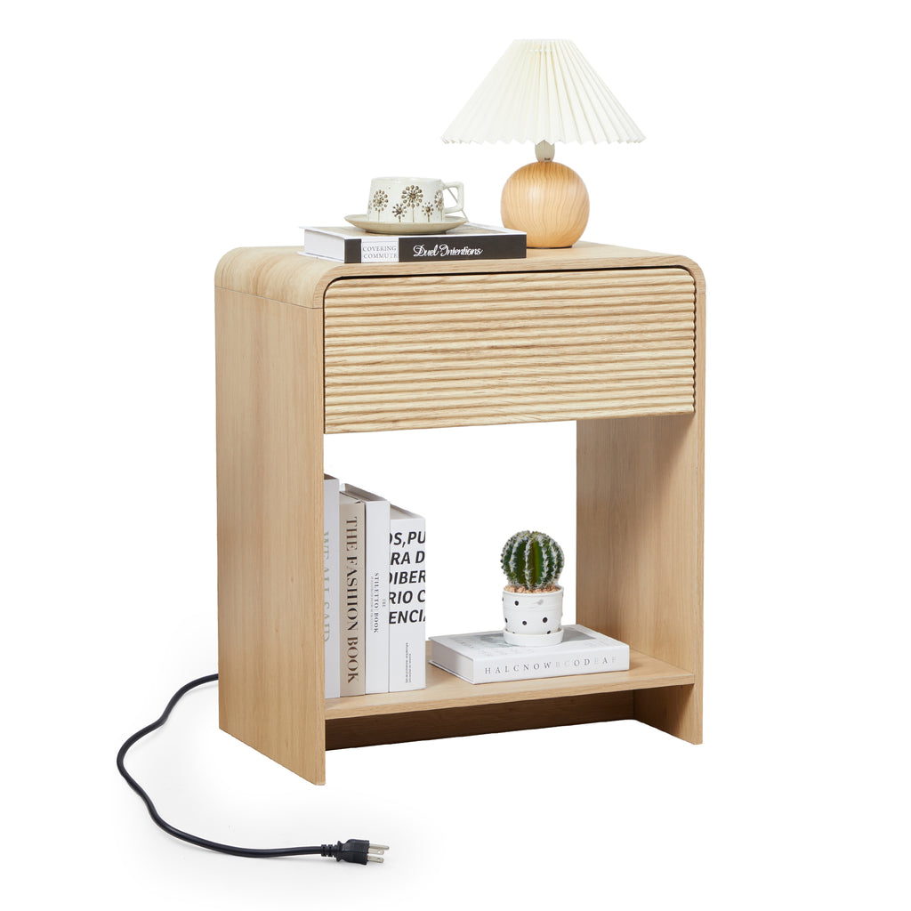 Wirrytor Walnut Fluted Nightstand with Charging Station and Storage Shelf, Modern Bedside Table with 1 Drawer for Bedroom, Space Saving End Table for Living Room Or Home Office