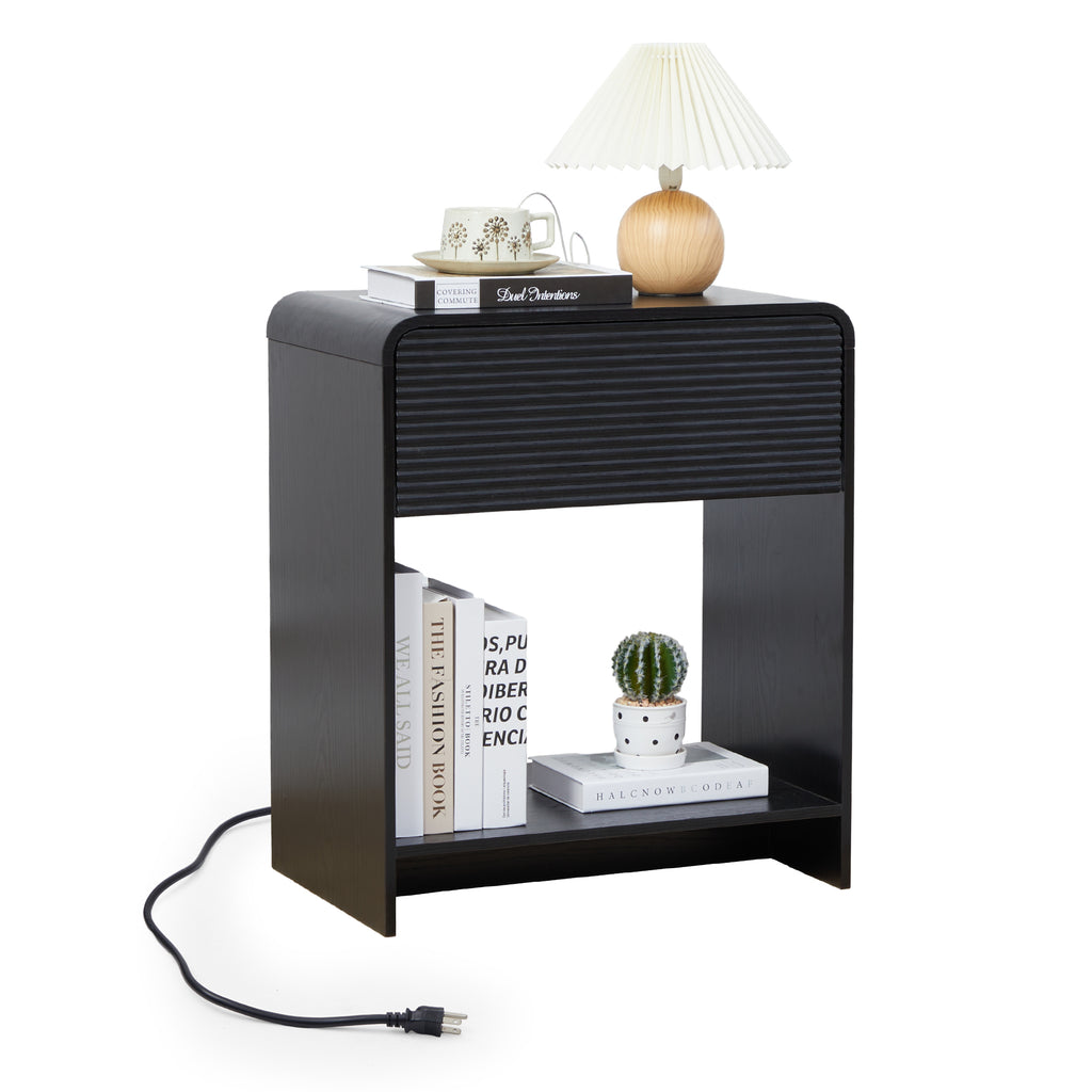 Wirrytor Walnut Fluted Nightstand with Charging Station and Storage Shelf, Modern Bedside Table with 1 Drawer for Bedroom, Space Saving End Table for Living Room Or Home Office