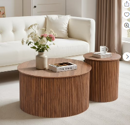 Wirrytor Round Coffee Table Sets 2 Pieces, Wood Fluted Coffee Table with Storage, for Living Room Bedroom, Apartmen