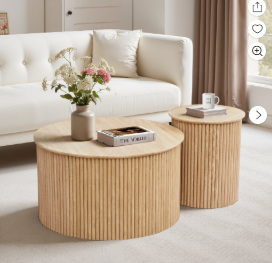 Wirrytor Round Coffee Table Sets 2 Pieces, Wood Fluted Coffee Table with Storage, for Living Room Bedroom, Apartmen