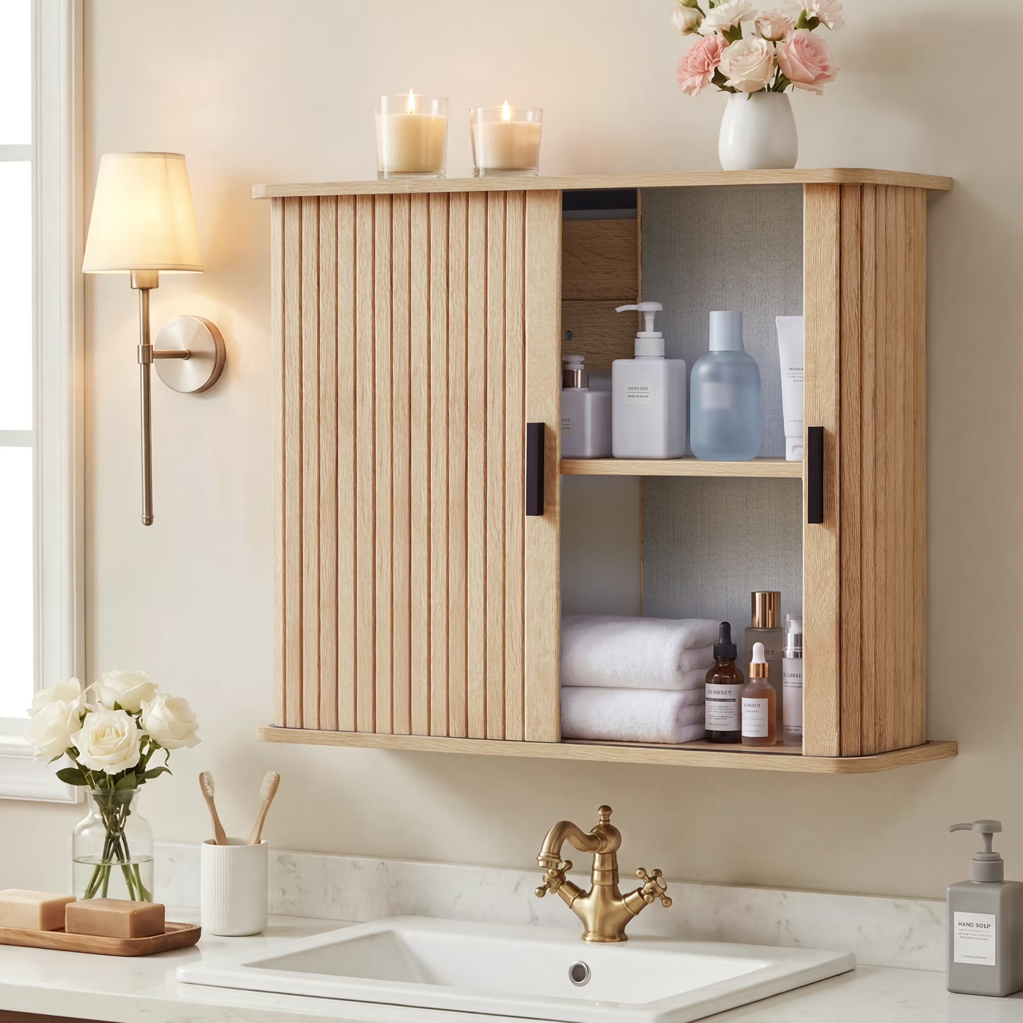 Wirrytor Natural Wood Wall Mounted Cabinet With Fluted Sliding Doors, 2-Tier Storage Organizer For Bathroom, Kitchen, Bedroom & Laundry Room