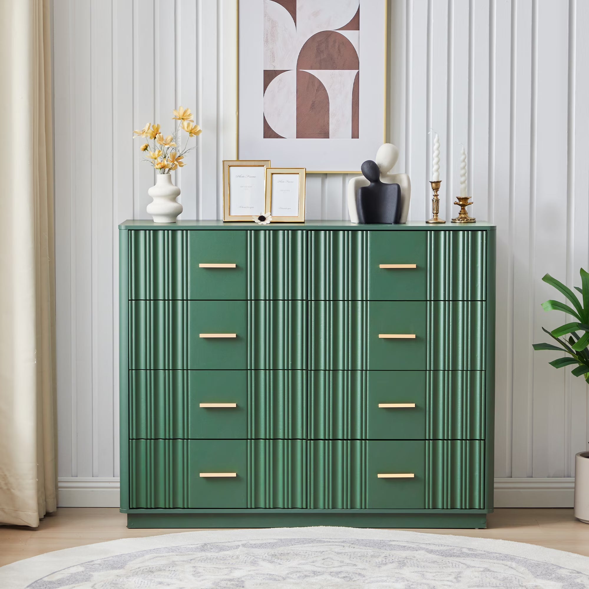 Wirrytor 8-Drawer Green Fluted Dresser Chest, Modern Wave Panel Storage Organizer With Anti-Tipping Design, Large Capacity Closet Cabinet For Bedroom Hallway Living Room