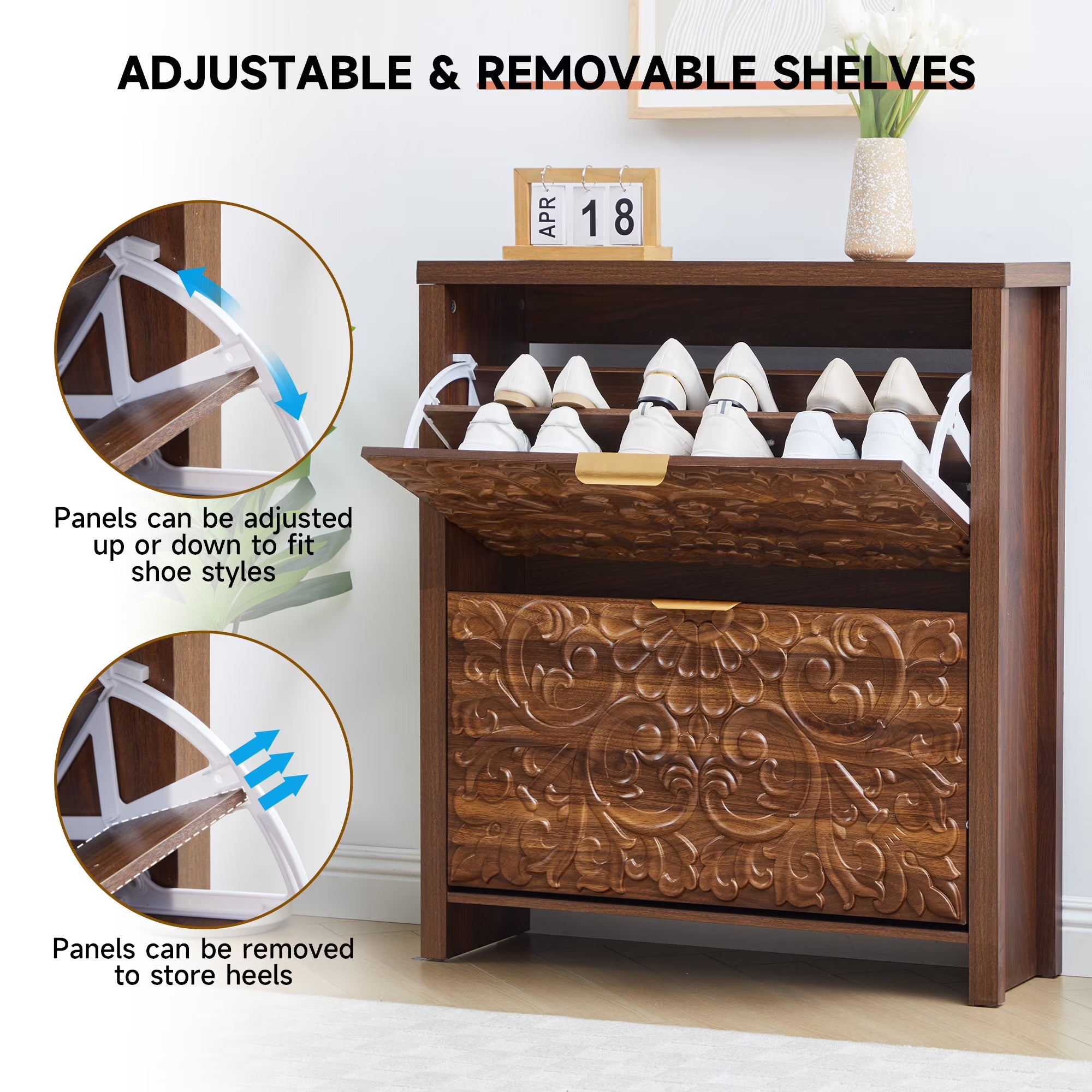 Wirrytor Narrow Walnut Shoe Cabinet with 2 Flip Drawers, Adjustable Shelves Floral Embossed Entryway Organizer, Slim Hidden Shoe Storage for Hallway Foyer Bedroom,Space-Saving Design(1, Walnut)