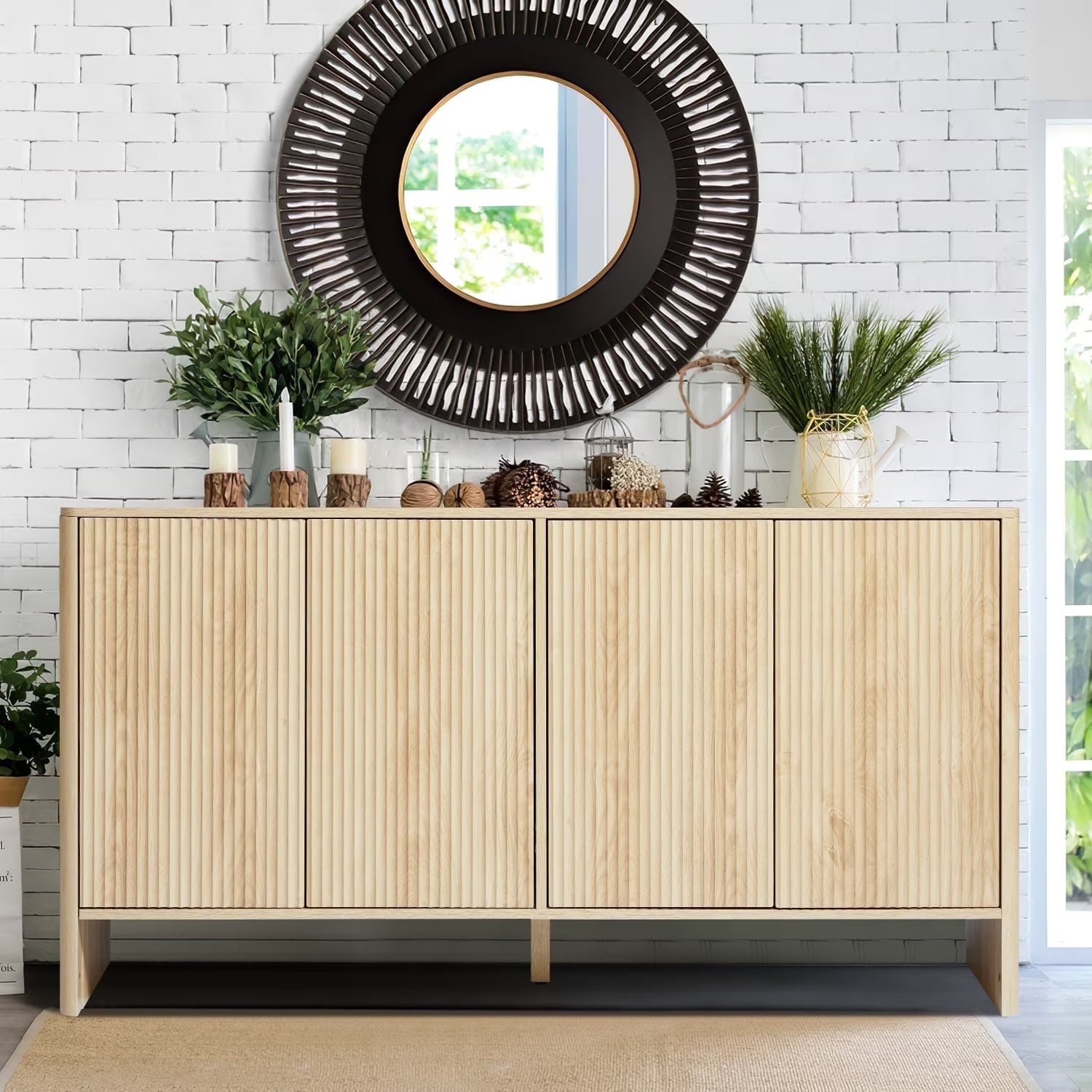 WIRRYTOR Wooden Fluted Buffett Side Board Console with Doors, Shelves, Accent Cabinets for Kitchen, TV Storage