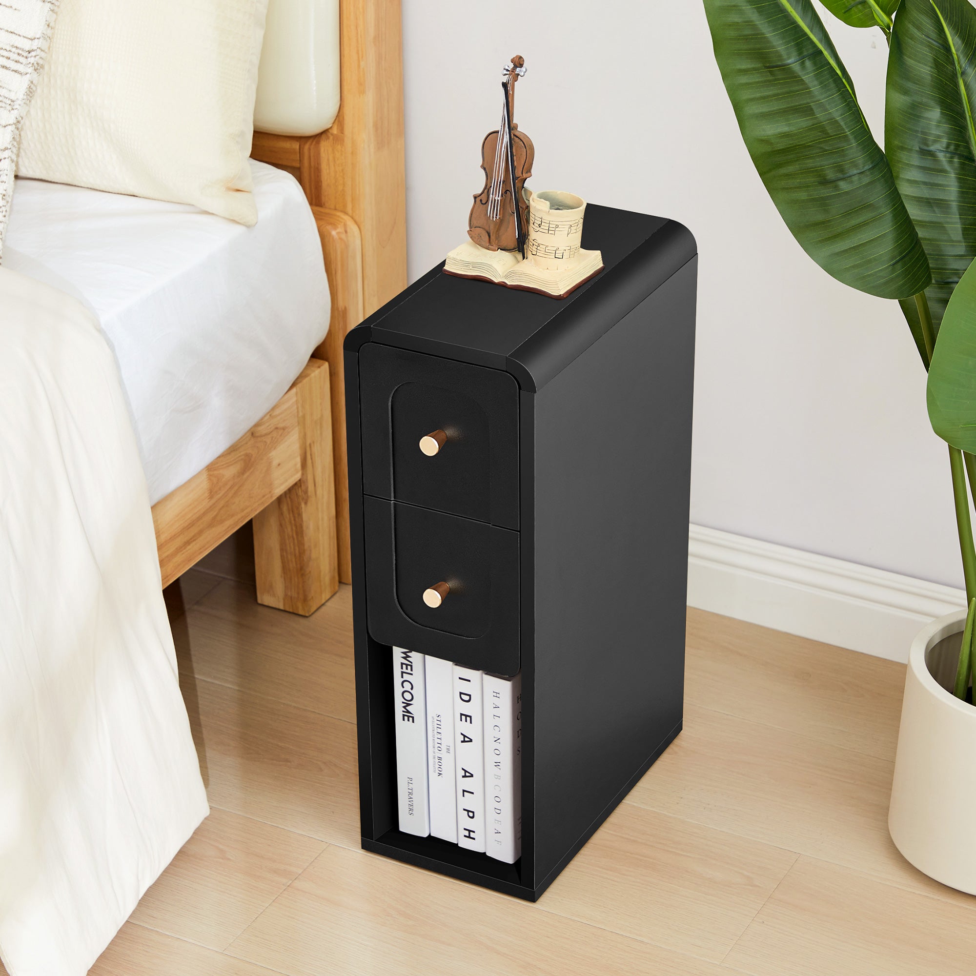 Wirrytor Narrow End Table with 2 Drawer & Open Storage Shelf, Modern Narrow Side Table for Small Spaces, Multifunctional Slim Nightstand for Bedroom, Living Room & Home Office,Oak