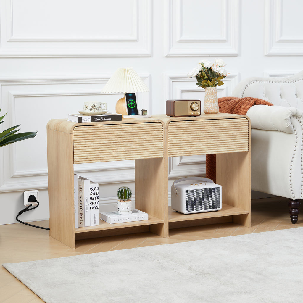Wirrytor Farmhouse Natural Oak Fluted Nightstands, Mid-Century Chic End Table with Drawer and Open Shelf Storage, Curved Edge Bedside Table for Bedroom Living Room