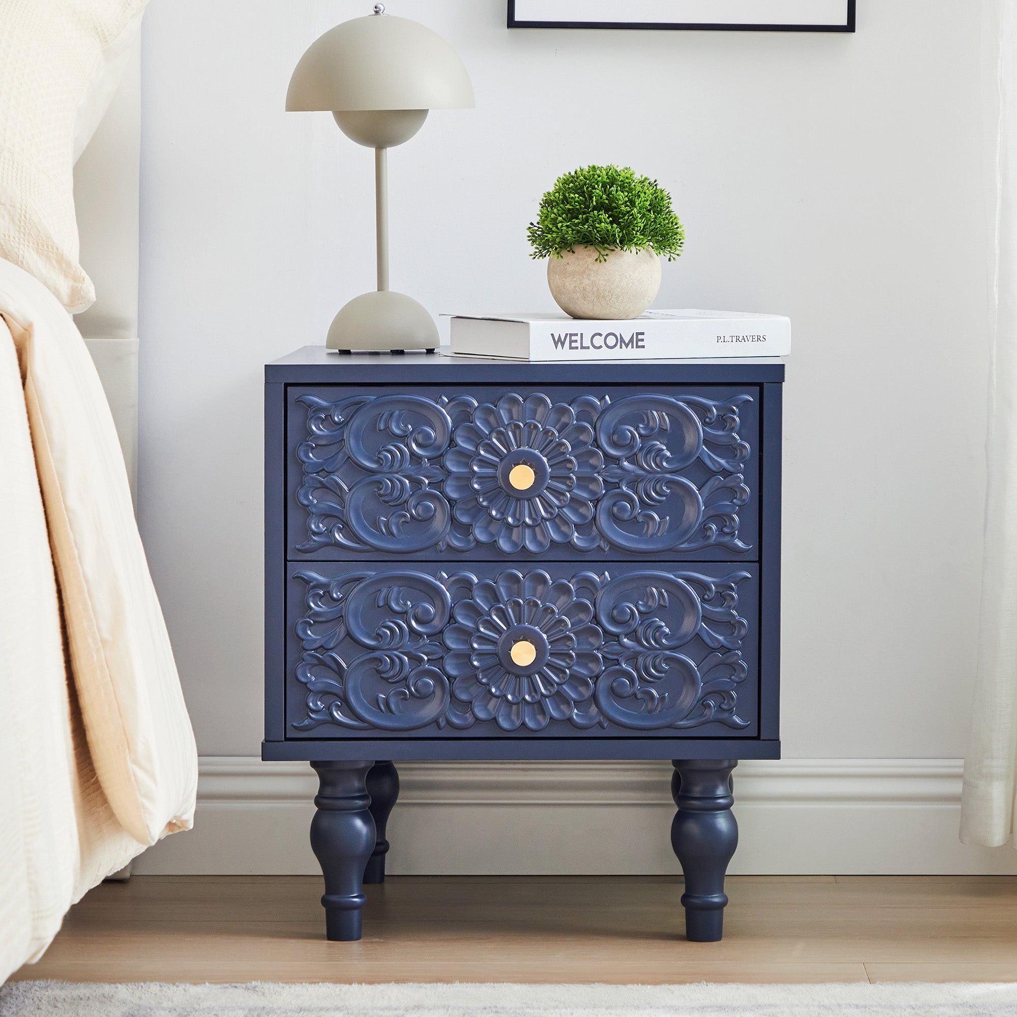 Wirrytor Vintage Short Nightstand with 2 Drawers, Bedside Table 2 Drawer Dresser with Embossed Pattern, Storage End Table with Wooden Legs for Bedroom & Living Room,Blue