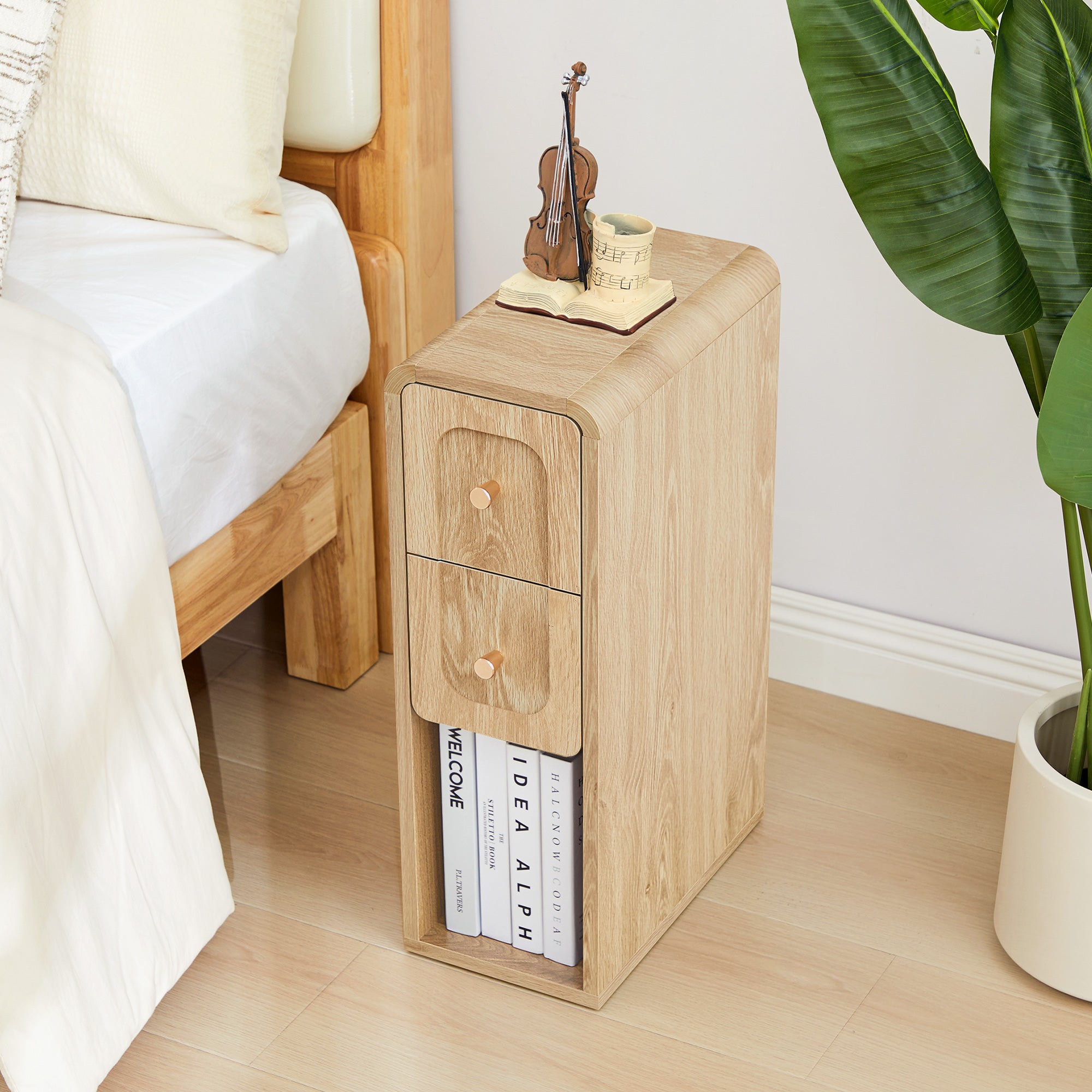 Wirrytor Narrow End Table with 2 Drawer & Open Storage Shelf, Modern Narrow Side Table for Small Spaces, Multifunctional Slim Nightstand for Bedroom, Living Room & Home Office,Oak