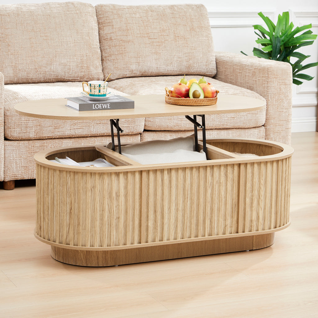 Wirrytor Lift Top Oval Coffee Table with Hidden Storage Compartment and Shelf for Living Room, Fluted Oval Center Tea Table with Wooden Lift-Top for Apartment, Small Space,