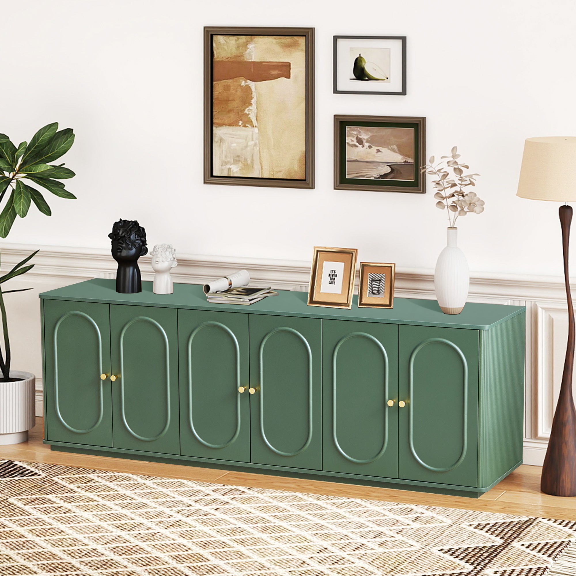 Wirrytor Mid Century Modern Fluted Sideboard Buffet Cabinet with Doors, Console Cabinet with Adjustable Shelves, Under TV Cabinet with Storage,Green