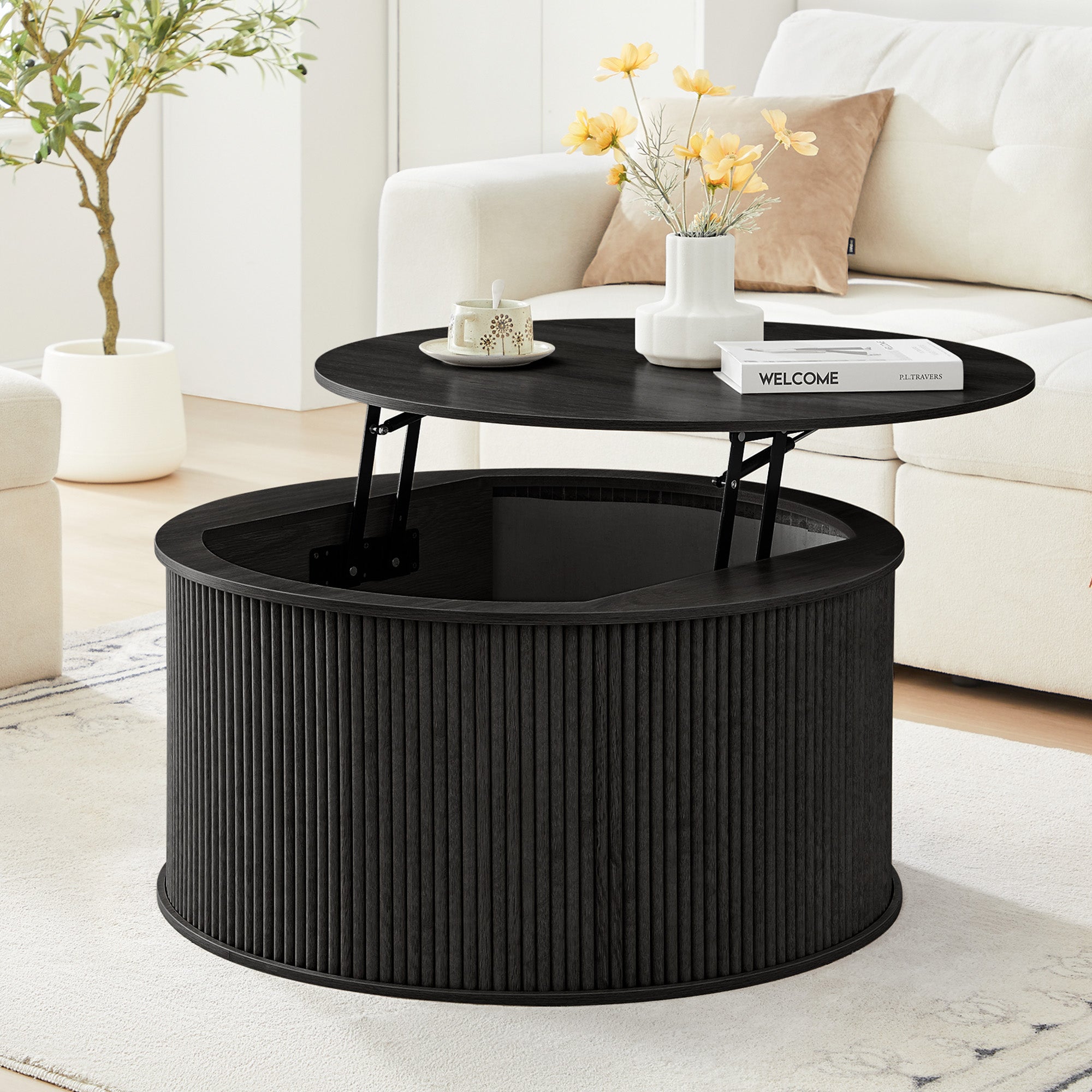 Wirrytor 31 inches Round Lift Top Coffee Table with Storage and Flip Top, Fluted Center Table for Living Room, Wood Coffee Table with Hidden Compartment, Round Arc Design