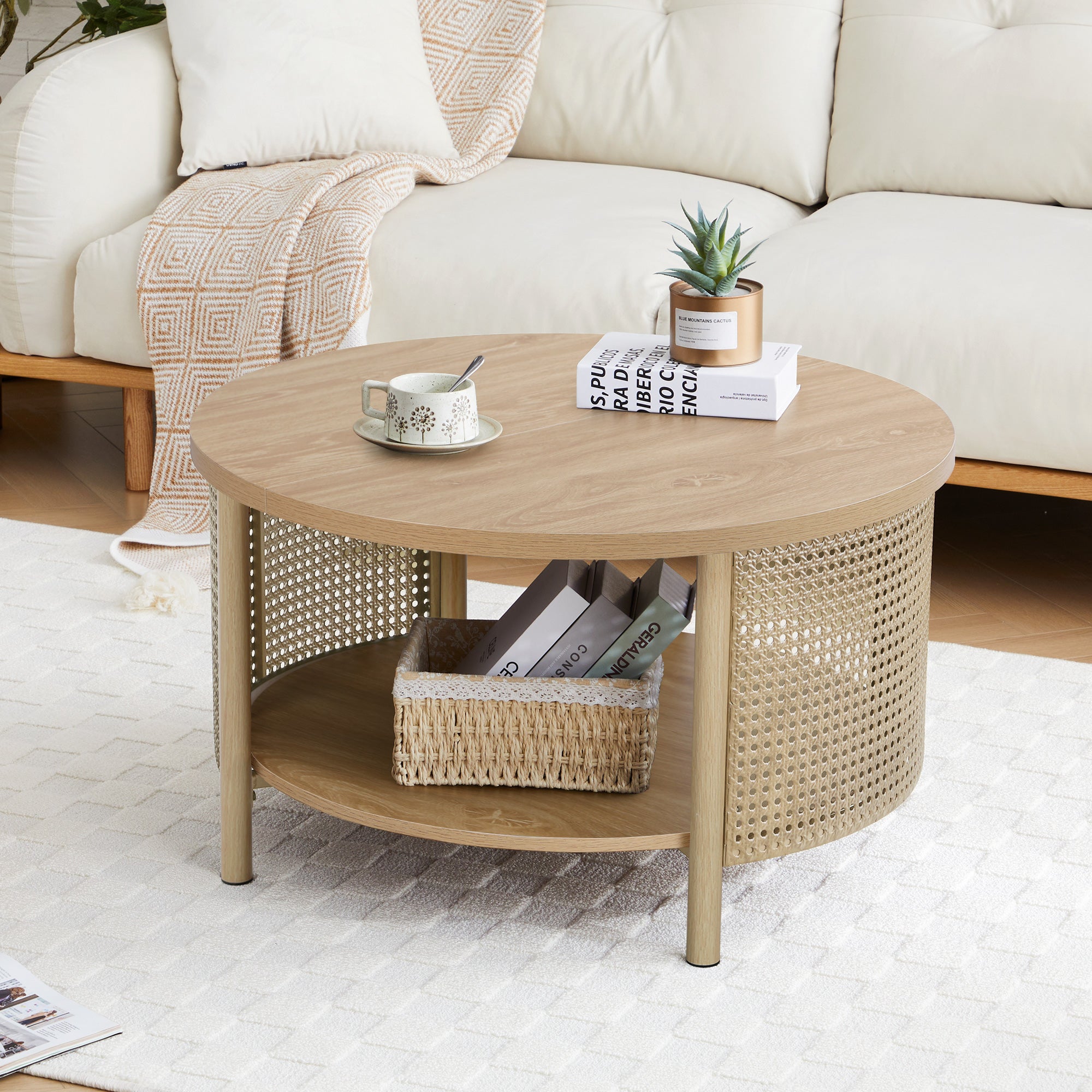 Wirrytor Rattan Round Coffee Table with 2-Tier Wood Storage