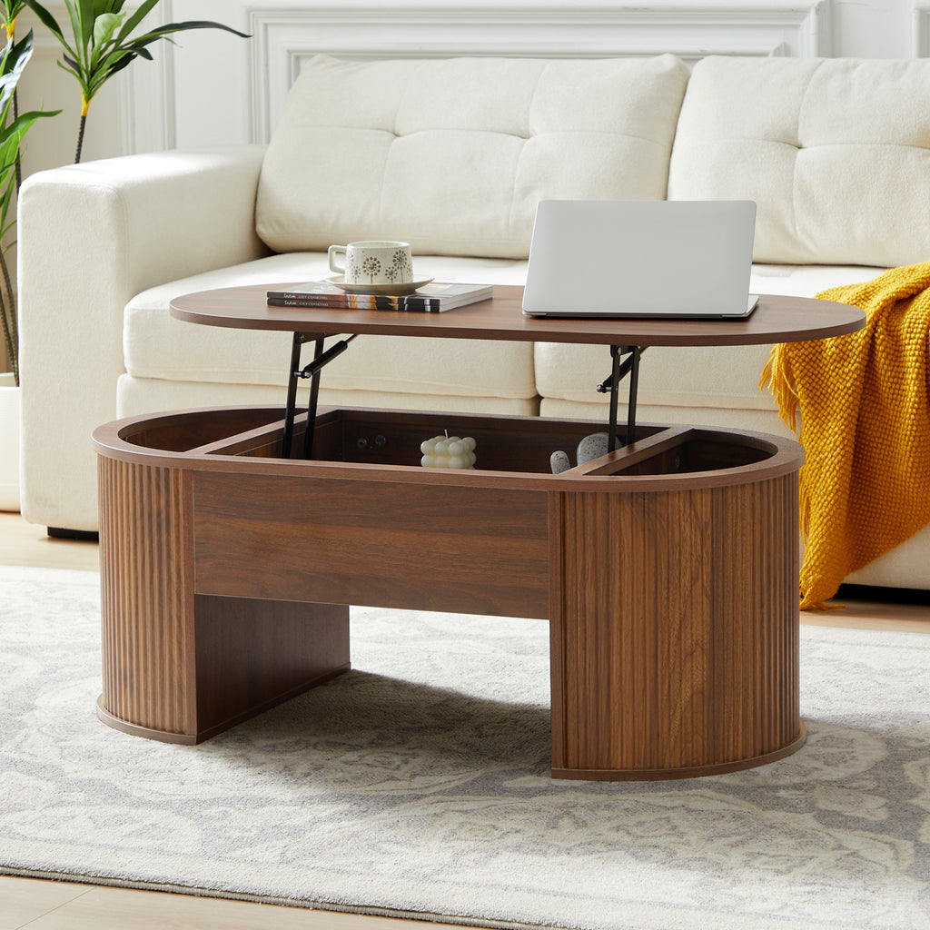 Wirrytor Lift Top Coffee Table with Storage and Open Storage Shelf, Oval Coffee Table for Living Room, Elliptical Arc Design, Fluted Center Table,  Finish & Spacious Storage,