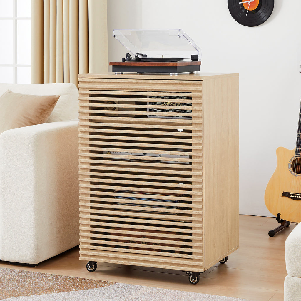 Wirrytor 5-Tier Mobile AV Media Cabinet with Slatted Door, Modern Rolling Stereo Rack, Audio Video Stand with Adjustable Shelves