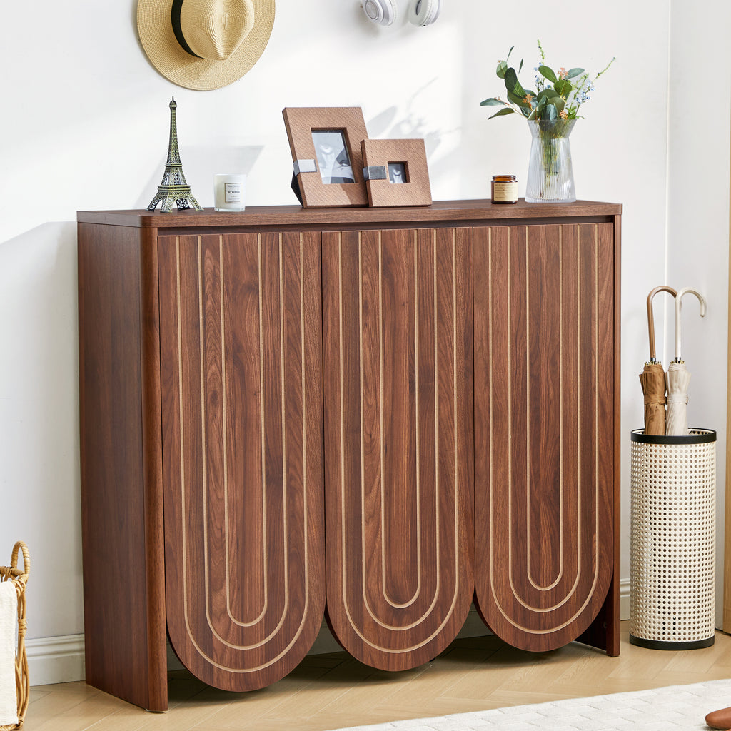 WIRRYTOR Mid-Century Modern Shoe Storage Cabinet for Entryway Foyer Hallway, 3-Door Arched Shoe Rack Organizer with Geometric Grooves