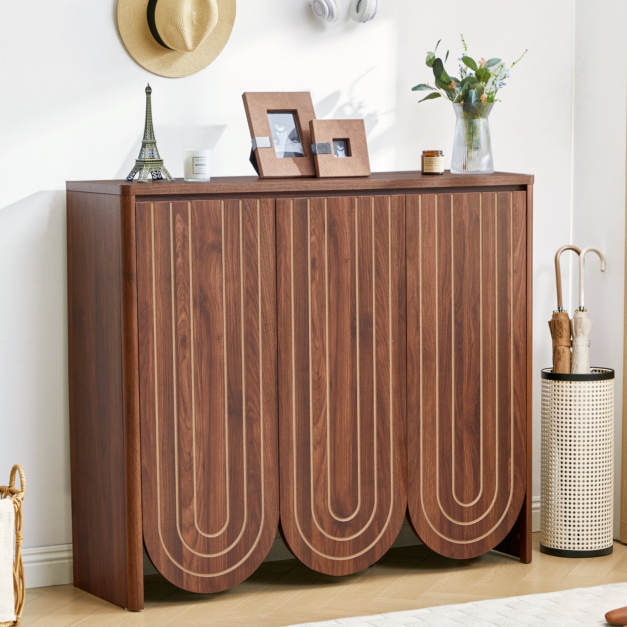 WIRRYTOR Mid-Century Modern Shoe Storage Cabinet for Entryway Foyer Hallway, 3-Door Arched Shoe Rack Organizer with Geometric Grooves