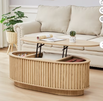 Wirrytor Lift Top Oval Coffee Table with Hidden Storage Compartment and Shelf for Living Room, Fluted Oval Center Tea Table with Wooden Lift-Top for Apartment, Small Space,
