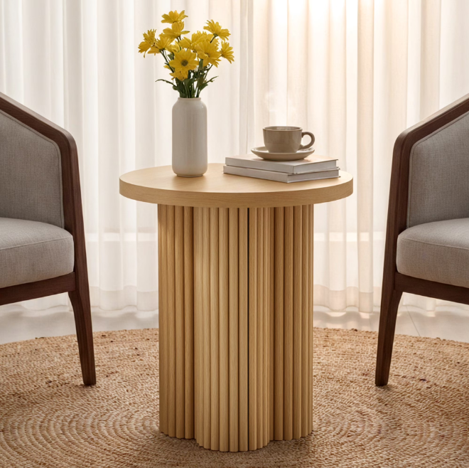 Wirrytor Farmhouse Round End Table, Wooden Fluted Couch Side Table with Octagonal Base for Living Room, Small Bedside Table Accent Cabinet, Bedroom