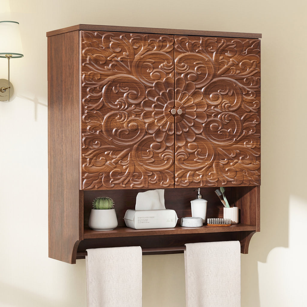 WIRRYTOR Retro Floral Embossed Bathroom Cabinet Wall Mounted, Kitchen Medicine Cabinet Storage Organizer with Open Shelf and Towel Bar