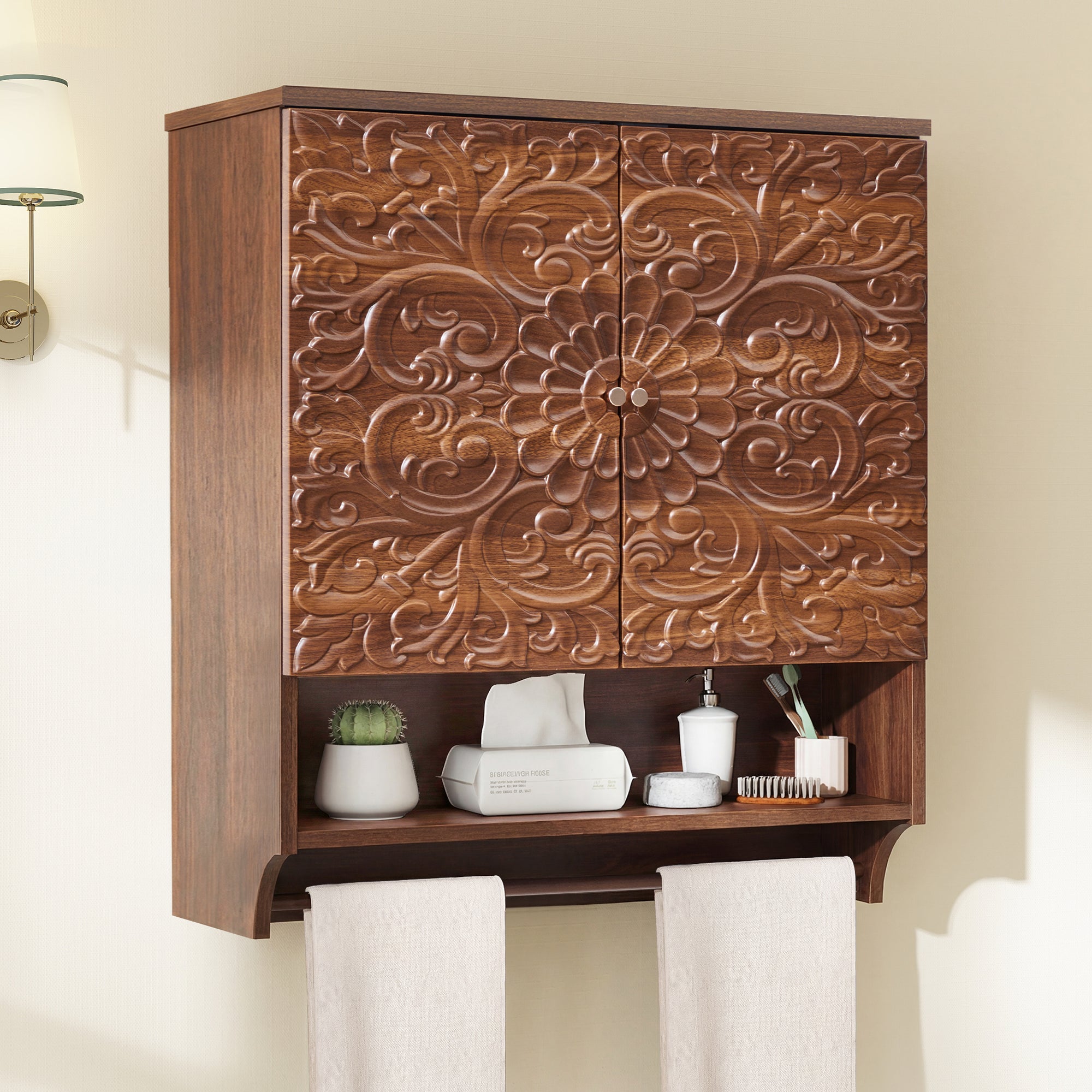 WIRRYTOR Retro Floral Embossed Bathroom Cabinet Wall Mounted, Kitchen Medicine Cabinet Storage Organizer with Open Shelf and Towel Bar