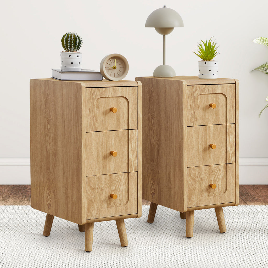 WIRRYTOR Modern Rounded Corner Narrow Nightstand with 3 Drawers, Slim Bedside Table with Tapered Legs, Natural Accent End Table